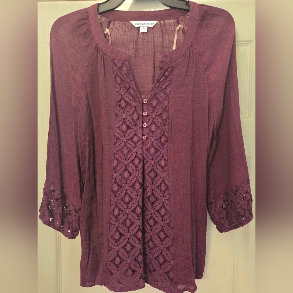 Counterparts Plum Blouse with Crochet Details